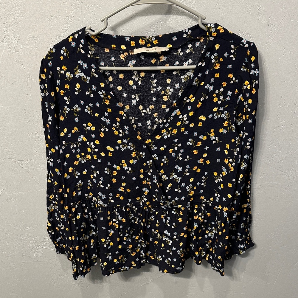 LOFT Floral V-Neck Blouse - Black and Yellow